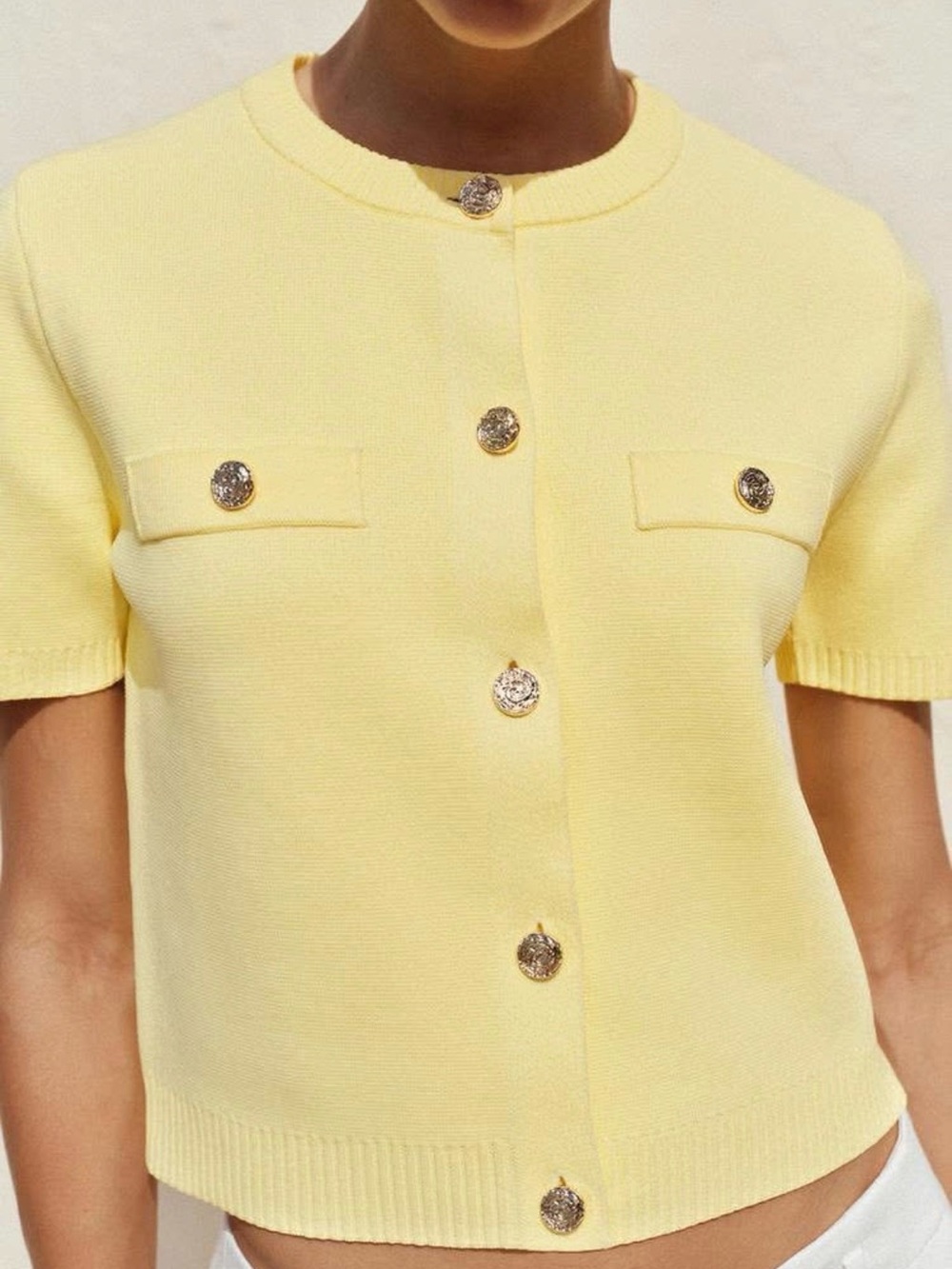 Zara solid yellow Short-Sleeve Button Cardigan Top